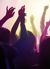 Image showing Hands, dancing and fans at concert or music festival from back, neon light and energy at live event. Dance, fun and group of excited people in arena at rock band performance or audience at rave party