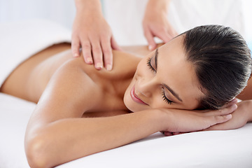 Image showing Smile, spa and woman with luxury, massage and stress relief with self care, wellness and body care. Masseuse, female person a girl with skincare, grooming and holistic treatment with hands and zen