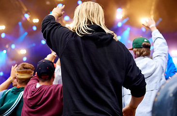 Image showing Music, dance and party with crowd at festival for celebration, rave culture and performance. Carnival, summer and techno with audience of people at concert for laser light show, energy and dj event