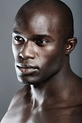 Image showing Aesthetic, beauty and face black man on dark background with muscle, motivation for fit and serious person. Health, art and face of strong African male model isolated on studio backdrop with wellness