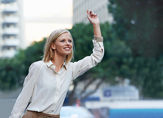 Image showing Travel, urban city and happy woman hail, wave or try to stop taxi, cab or car ride for transportation journey in San Francisco. Happiness, street sidewalk and person gesture for USA transport service