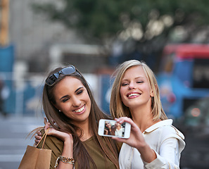 Image showing Fashion, street selfie and happy people, shopping friends or city women with picture memory of France vacation. Retail brand purchase, trendy market clothes and stylish person post to social network