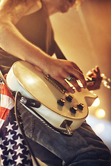 Image showing Guitar, hands and stage in closeup for rock concert, performance and singing at party, event and night. Male musician, artist or rockstar with instrument at music festival for art, sound and career