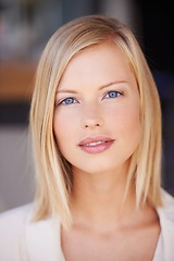 Image showing Face, beauty and portrait of a woman with natural makeup, cosmetics and healthy glow on skin. Headshot of female model person from Canada with blue eyes and confidence for skincare motivation