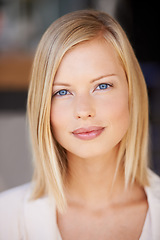 Image showing Beauty, face and portrait of woman with natural makeup, cosmetics and glow on skin. Headshot of female model person from Canada with blue eyes, blonde hair and confidence for skincare wellness