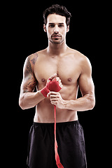 Image showing Man, fitness and boxing with portrait in studio for competition with champion at the gym. Boxer, body and professional with model at sports club for exercise and wellness for strong athlete.