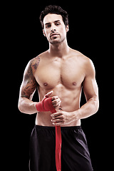 Image showing Boxer, serious and portrait studio man training for exercise on black background at the gym. Boxing, model and fight in champion sport for body workout for health and wellness as motivation.