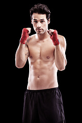 Image showing Boxing, man and portrait in studio for fitness exercise in competition martial arts training. Champion, fist and model for professional workout with focus on health and wellness goal at sport club.