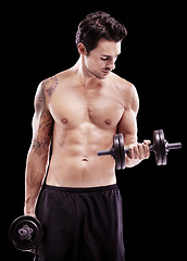 Image showing Strong, man and dumbbell exercise on black background, dark studio and gym workout for sexy six pack. Topless bodybuilder, sports athlete and muscle training with weights, fitness power and challenge