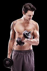 Image showing Fitness, man and dumbbell training on black background, dark studio and gym workout. Topless bodybuilder, sexy sports athlete and weights for muscle exercise, strong performance or power in challenge