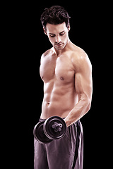 Image showing Bodybuilder, strong man and dumbbell workout on black background, studio and six pack fitness. Sexy male athlete, sports and exercise with weights for muscle training, results and power in challenge