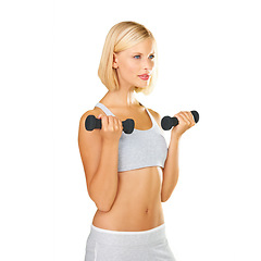 Image showing Woman, exercise and dumbbells in studio for a workout, training or fitness. Female, athlete or bodybuilder model isolated on a white background for weightlifting, weight loss and body wellness