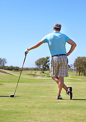Image showing Golf, rear view and old man with driver outdoor for training, hobby and sports on blue sky background. Club, behind and active senior male golfer on field for retirement fitness, match or practice