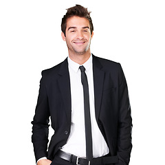 Image showing Businessman, handsome and happy in studio for suit fashion, confidence and professional style. Portrait of corporate man with smile, positive mindset and motivation, isolated on a white background
