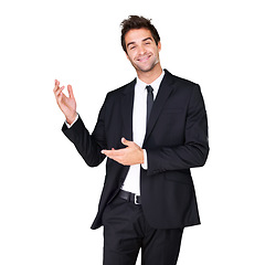 Image showing Business man, happy and portrait with hands for fashion, advertising and professional style. Corporate and confident male model show mockup space presentation isolated on a white background in studio