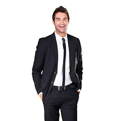 Image showing Business man, portrait and laughing in studio for fashion, mockup space and professional style. Corporate male model isolated on a white background for happiness, funny and comic expression on face