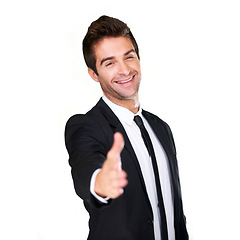 Image showing Extended handshake, portrait and business man hand for deal or partnership. Professional male model happy to shake hands for HR agreement, thank you or hiring isolated on a white background in studio