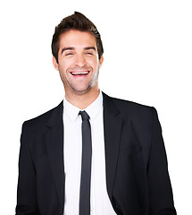 Image showing Laughing, face and happy business man in studio for comic, funny or positive mindset. Corporate male model with fashion or professional style clothes isolated on a white background with a laugh