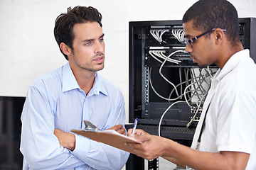 Image showing Server room, men or technician with clipboard writing receipt or talking to a client about cyber security glitch. Network, database or contract with a male engineer speaking of information technology