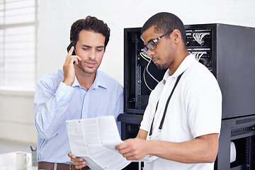 Image showing Server room, it support and phone call with a man technician reading about cyber security installation. Network, database and instruction manual with an engineer talking over hardware guidelines