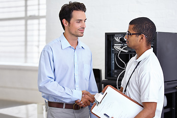 Image showing Server room, it support and clipboard with a technician shaking hands with a business man about cyber security. Network, database or agreement with an engineer consulting about information technology