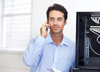 Image showing Server room, help or businessman on a phone call for hardware maintenance or glitch in business office. Network error, datacenter or worker calling electrician for IT support or electronics problem