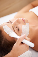 Image showing Spa, face mask and woman with cream, dermatology and grooming with skincare, cleanse and detox. Female person, model and lady with organic facial, salon treatment and hygiene for clear and soft skin