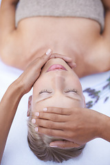 Image showing Relax, hands and facial massage, woman in beauty salon for health, wellness and luxury treatment with eyes closed. Spa, professional skin care therapist hand and face of girl with cosmetic therapy.