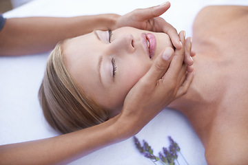 Image showing Relax, stress relief and facial massage, woman in spa for health, wellness and luxury holistic treatment. Beauty salon, professional skin care therapist and healthy face of girl in cosmetic therapy.