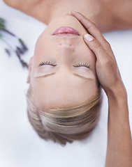 Image showing Relax, massage and face, woman in beauty salon for health, wellness and luxury treatment with from above. Spa, professional skin care therapist hands and healthy facial for girl in holistic therapy.