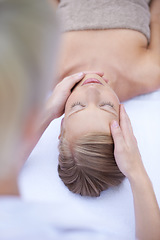 Image showing Relax, masseuse and facial massage, woman in spa for health, wellness and luxury, holistic treatment. Beauty salon, professional skin care therapist hands and healthy face of girl for acupressure.