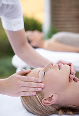 Image showing Relax, facial massage and acupressure, women at spa for health, wellness and luxury skincare treatment. Beauty salon, professional skin care therapist and healthy face of woman with cosmetic therapy.