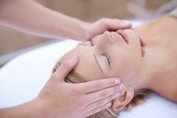 Image showing Relax, massage and acupressure on face, woman at spa for health and wellness in luxury skincare treatment. Beauty salon, professional skin care therapist and girl with healthy cosmetic therapy facial