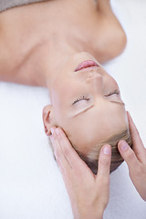 Image showing Relax, facial massage and acupressure, woman at beauty salon for health and wellness in luxury skincare treatment. Spa, professional skin care therapist and girl in cosmetic therapy for healthy face.