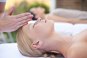 Image showing Reiki, massage and face of woman at beauty salon for health, wellness and luxury skincare treatment. Relax at spa, professional skin care and facial acupressure, healing for girl in cosmetic therapy.