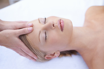 Image showing Massage, relax and acupressure, face of woman at spa for health and wellness in luxury skincare treatment. Holistic healing, beauty salon and professional skin care, girl in cosmetic facial therapy.