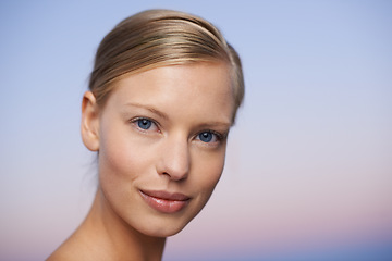 Image showing Woman in portrait, face and beauty with natural skincare, cosmetics and healthy skin mockup space with wellness. Female model, dermatology and cosmetic care, facial spa treatment with hygiene