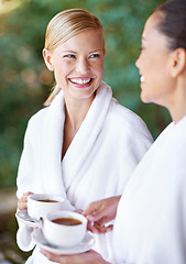 Image showing Women friends at spa with coffee, happy with self care and wellness, spending quality time together at luxury resort. Beauty, stress relief and female people with smile and relax with drink