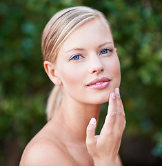 Image showing Woman in portrait outdoor, face and beauty with skin glow, natural cosmetics and skincare with wellness. Female model, dermatology and cosmetic care, facial spa treatment with hygiene and grooming