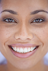 Image showing Woman in portrait, face closeup and beauty with skin glow, natural cosmetics and skincare. Female model with freckles, facial treatment and dermatology, happy with cosmetic shine and wellness