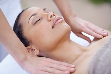 Image showing Spa, relax and woman for a massage with therapist hands on body for wellness and health. Face of a calm female client or customer on a table for peace, physical therapy and luxury zen treatment