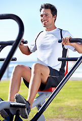 Image showing Happy man, fitness and shoulder press on park equipment for gym workout, exercise or training in nature. Fit, active and strong male exercising on outdoor machine for muscle, chest or weightlifting