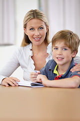 Image showing Portrait, teacher and child learning in classroom, smile and education in class. Happiness, student and woman educator teaching, helping or tutoring kid for studying or knowledge in elementary school