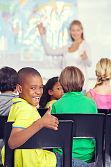 Image showing Portrait, black child and thumbs up of student in class, elementary school or classroom. Funny, education and kid with hand gesture for like emoji, agreement or learning, success and approval sign.