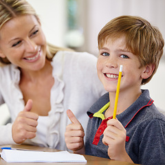 Image showing Portrait, kid and teacher with thumbs up in classroom, smile and pencil. Happiness, educator and student with hand gesture for like emoji, agreement and learning in elementary school for education.