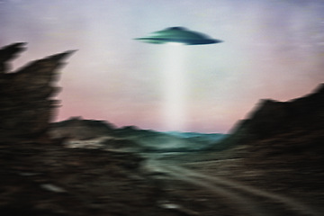 Image showing Spaceship, sky and ufo with lights over mountain for outer space, surreal or alien invasion. Spacecraft, spotlight or classified secret mission by flying saucer outdoor for fantasy or science fiction