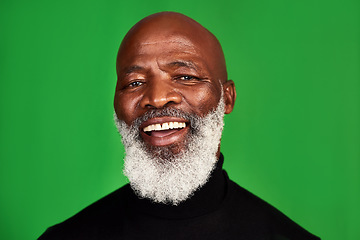 Image showing Happy, smile and portrait of black man on green screen for confident, fashion and elegant. Happiness, style and senior with face of male model isolated on studio background for pride and beard mockup
