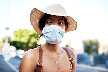 Image showing Covid, portrait and woman in travel with face mask for health and on city background. Compliance, safety for wellness and female person outdoors with facial protection for corona virus pandemic