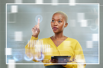 Image showing Black woman, tablet and touching futuristic screen for digital innovation, planning or data overlay. African female person or employee working on future touch technology, hud or dashboard display