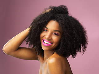 Image showing Hair care, face and smile of black woman with afro in studio isolated on pink background. Hairstyle portrait, makeup cosmetics and funny African female model with salon treatment for beauty lipstick.
